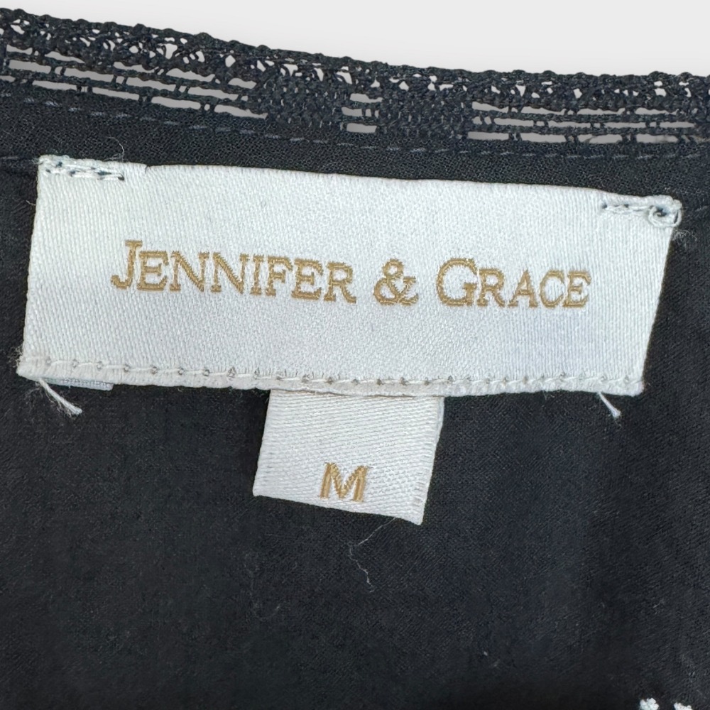 Jennifer &‎ Grace Embroidered Tassel Tie Blouse Black White Boho Peasant Top M - Picture 3 of 10